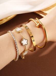 4pcs Stainless Steel Four-Leaf & Five-Leaf Clover Rhinestone Bracelet Set, Suitable For Women Daily Wear, Fashionable & For Ladies, Waterproof For Beach Vacation Jewelry