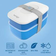 Clásico - Caja Bento para Adultos, Caja de Almuerzo Apilable de 3 Compartimentos con Juego de Cubiertos Desmontable y Correa de Sellado, Libre de BPA, Contenedor de Alimentos para Preparación de Comidas, Trabajo y Viajes (Gris) - Azul - Ver 4