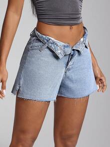 Jeanoix Quần short denim thời trang đường phố không đối xứng cho nữ có viền tua rua cho mùa hè - Rửa trung bình - Xem 5