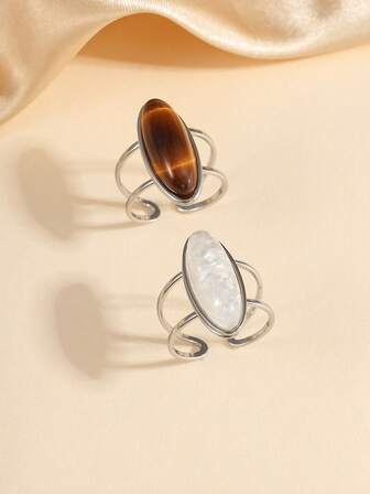 1pc/2pcs Stainless Steel Vintage Gold Color Rings Set With White And Brown Rhombus Gemstones, Open Design Suitable For Women Everyday Wear Or Gift