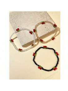 3pcs/Set Colorful Glass Beaded Cherry Blossom Elastic Bracelets, Crystal Cherry Bracelet Set