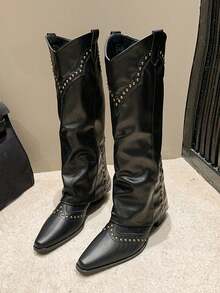 Retro Coated Long Boots For Women Cowboy Riding Boots In Western Style, Knee-High Fashion, Vintage Boots With Studs And High Tube, French Women Boots In Western And Knight Style, All-Match Style For Short Statured Women