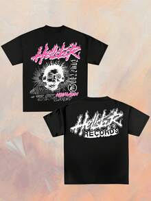 Double Sided Digital Print T-Shirt Record - Theme Rock - Music Graphic Design Street Hip Hop 1pc Casual Soft Short Sleeve Pure 100% Cotton 220gsm Retro Rock Graphic T-Shirt - 黑色 - 查看 1