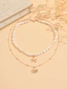 2pcs/Set Summer Beach Vacation Style Shell & Starfish Pendant Necklace For Women, Fashionable Metal Handmade Chain Versatile Neck Jewelry Suitable For Daily Wear And Beach Travel. The Natural Shell Shape And Pattern Size Are Random.