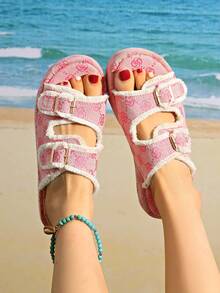 Women's Round Toe Thick Bottom Presbyopia Fashionable Candy Color Open Toe Increased Height Versatile Beach Slippers - Pink - View 6