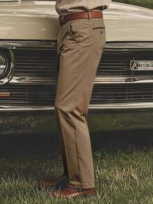 男士秋季西装裤，时尚简约直筒休闲裤，宽松简约男装风格，纯色抗皱直筒裤 - 咖啡棕 - 查看 3