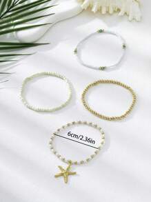 4pcs/Set Bohemian Handmade Beaded Stackable Elastic Bracelets, Colorful Multistrand Pearl Bead Bracelet With Gold Starfish Pendant, Anklet, Summer Beach Boho Jewelry Gift
