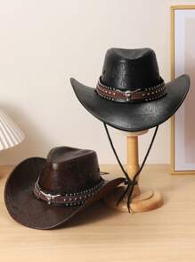 1 Unisex Metal Bull Imitation Diamond Decorated PU Leather Casual Top Hat, Elegant, Suitable For Travel, Parties, Western Cowboy Themed Parties, And Daily Use