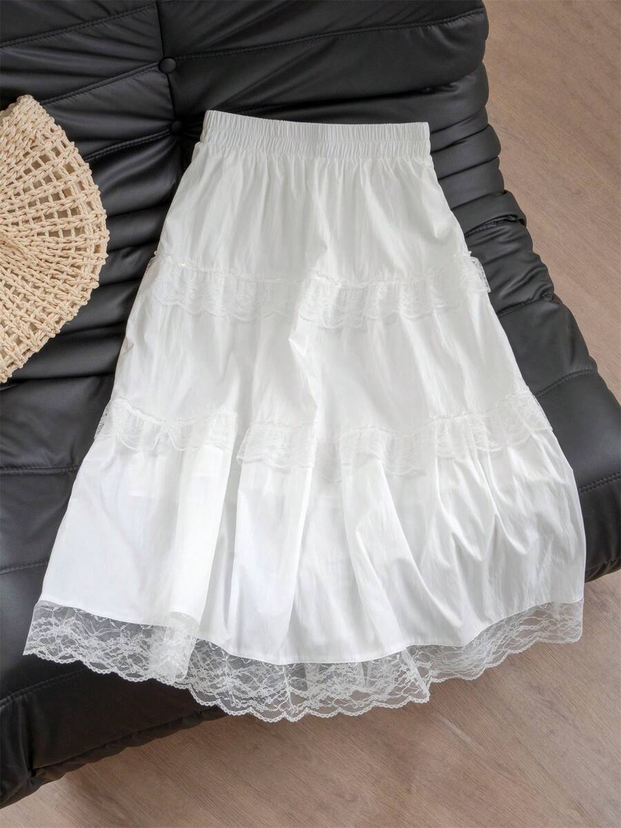 Cute Retro Sweet Lace Patchwork White Multi-Layered Cake Skirt, Flared A-Line Silhouette, Flattering For Women In Summer - White - View 1