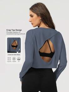 Sodalemon Women Training Sport Fitness Gym Hollow Out Back Loose Smock Shirt Crop Top Soft Long Sleeve Yoga T-Shirt