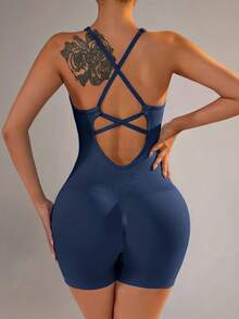 Sexy Fitness Jumpsuit Women Cross Adjustable Sports Playsuit Running One Piece Yoga Suit Scrunch Shorts Backless Set Romper Shapewear Jumpsuit - Navy Blue - View 8