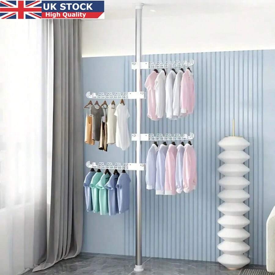 Stainless Steel Telescopic Clothes Drying Rack – Space-Saving Hanging Garment Hanger With No-Drill Installation, Extendable Rod For Balcony & Window, Modern Home Laundry Stand, 4 Layers, Hangers For Clothes, Drying Racks