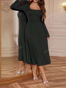 1pc Women Elegant Long Sleeve Bow Tied Square Collar A-Line Dress, Autumn