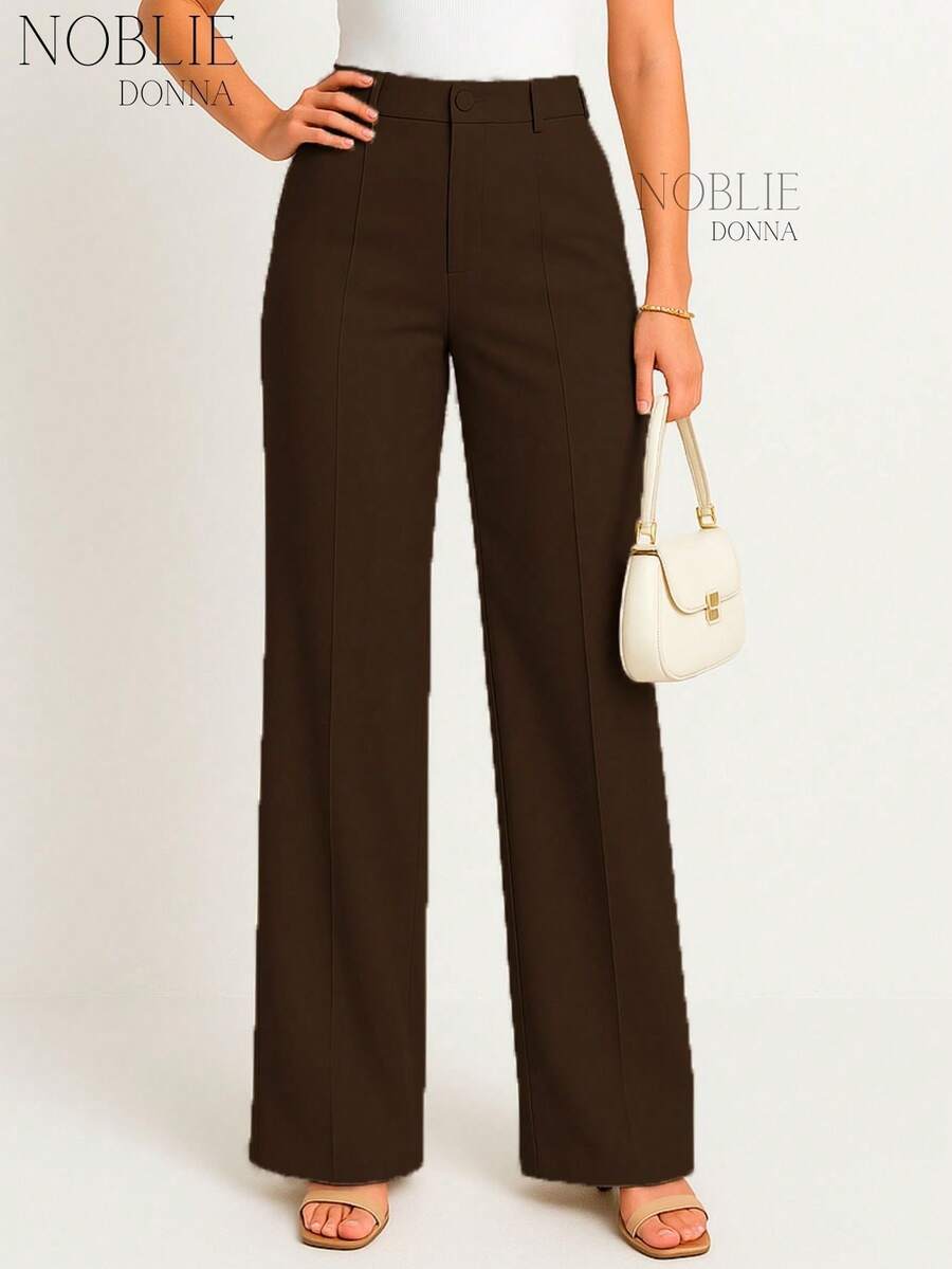 Premium Tailored Wide Leg Trousers High Waist Formal Elegant Work Fashion With Front Button - Nâu sẫm - Xem 1
