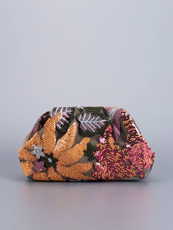 Tas met geplooide bloemen en geborduurde pailletten, casual clutch voor dames, stijlvolle en prachtige dinertas, geschikt voor woon-werkverkeer naar een feestje tijdens de feestdagen (de positie van het patroon is willekeurig bijgesneden.)