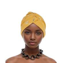 1PC Fashionable Versatile Feather Metallic Gold Print India-Style Head Wrap Turban, Cancer Chemo Hat For Hair Coverage