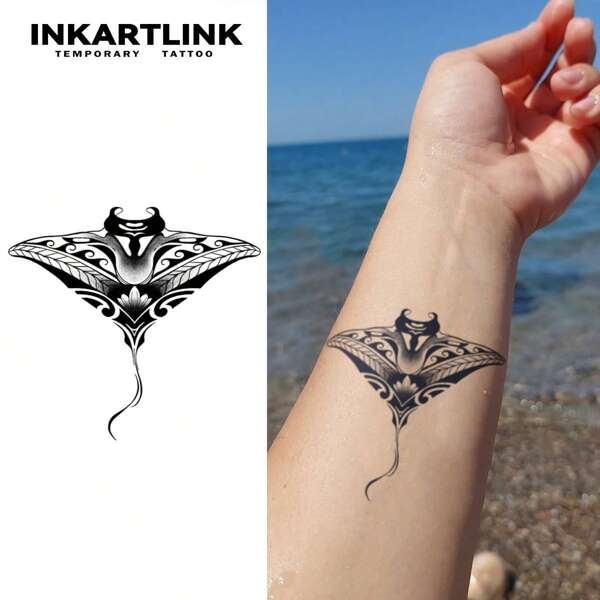 INKARTLINK [INKARTLINK] Manta Ray Temporary Tattoo Stickers, Waterproof & Long-Lasting 1-2 Weeks, Essential For Beach & Travel