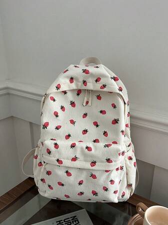 Mochila de gran capacidad con estampado de fresa, bolsa de viaje de moda simple de pana para exteriores