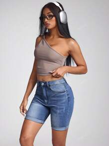 Jeanoix High Waist Slant Pocket Roll Up Hem Denim Shorts
