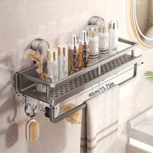 1pc Heavy Duty Rust-Proof Shower Caddy With Suction Cup - Space Saving Floating Wall Mount Rack With Towel Hooks, For Shampoo, Soap And Bathroom Accessories, Metal Design, Fits Modern Bathrooms