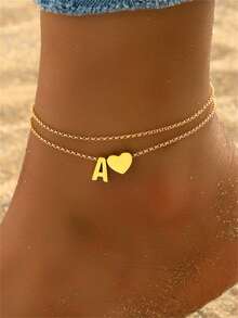 1 件时尚优雅女士热金色爱心 26 个字母双层脚链适合女士日常佩戴