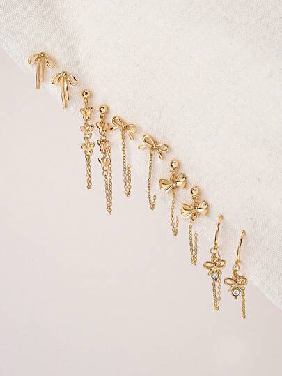 10pcs Minimalist Bow Stud Earrings & Bow Pendant Earrings Set, Women Fashion Layered Earrings Jewelry, Suitable For Daily Wear