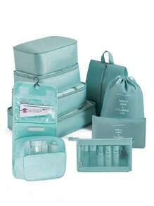 Set organisateur de voyage 9-en-1. Sacs de rangement de grande capacité, organisateurs de bagage pour vêtements, sous-vêtements, chaussures, cosmétiques, articles de toilette. Convient pour les chemises, sous-vêtements, vêtements, maquillage, rouge à lèvres, ombre à paupières, fond de teint, éponge, pinceaux, brosse à dents, dentifrice, nettoyant pour le visage, etc. Idéal pour les voyages, l'hôpital, le dortoir, l'école, les vacances, les fournitures scolaires.