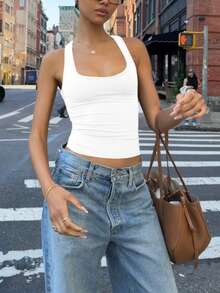 Áo tank top crop top nữ màu trắng trơn, dáng ôm, thích hợp cho mùa xuân hè, phong cách đường phố, đi nghỉ mát, gợi cảm. - trắng - Xem 2