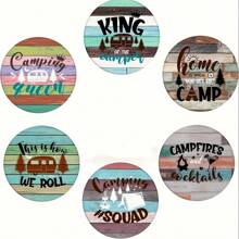6 Holz-Untersetzer im Camping-Thema - hitzebeständige Tassenuntersetzer mit Wohnmobil- und Lagerfeuer-Motiven, ideal für Zuhause, Café, Büro, Küche & Restaurant, von Hand zu waschen - perfektes Geschenk zu Geburtstag und Weihnachten
