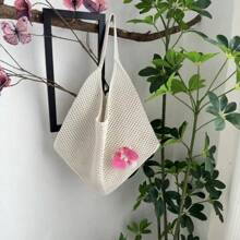 Summer Hollow Knit Tote Bag, Large Capacity Luxury Women Plain Casual Shoulder Bag, Butterfly & Floral Decor One Shoulder Strap Tote, Suitable For Daily Use, Hangout With Friends, Gift