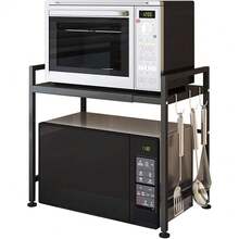 Extendable Microwave Rack, Spice Rack, Microwave Stand, Kitchen Shelf, Kitchen Microwave Rack, Kitchen Shelf Storage Rack, Height And Width Expandable, Carbon Steel, With 3 Hooks For Kitchen Utensils, Load Capacity 25 Kg (40/64 * 45 * 36.5 Cm) - Black - View 4