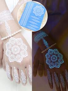 6 Sheets Blue Luminous Tattoo Stickers For Girls, White Lace Lotus Tattoos Mandala Flower Fake Jewelry Pendant Pattern,Glow In The Dark Waterproof Fake Tattoos For Arm Neck Hand Back Finger,Wedding Music Festival Party Supplies - White - View 8