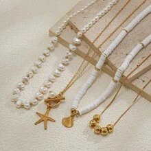 4pcs/Set Beach Style Shell Necklace Set, Baroque Faux Pearl Vintage Bohemian Style Women Necklace