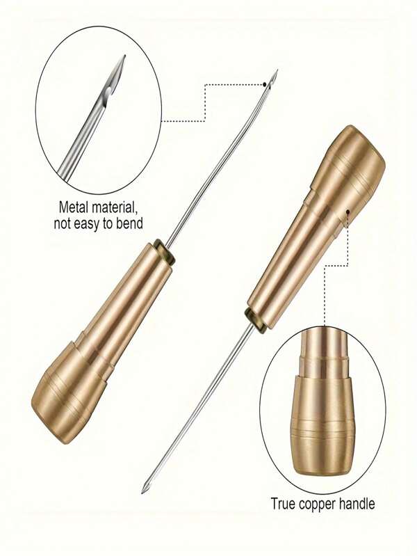 4pcs Shoe Repair Tool Set, Copper Handle Cone With Replaceable Tips, Included Curved Hook & Straight Awl Needles, Copper Cone For Shoe Mending