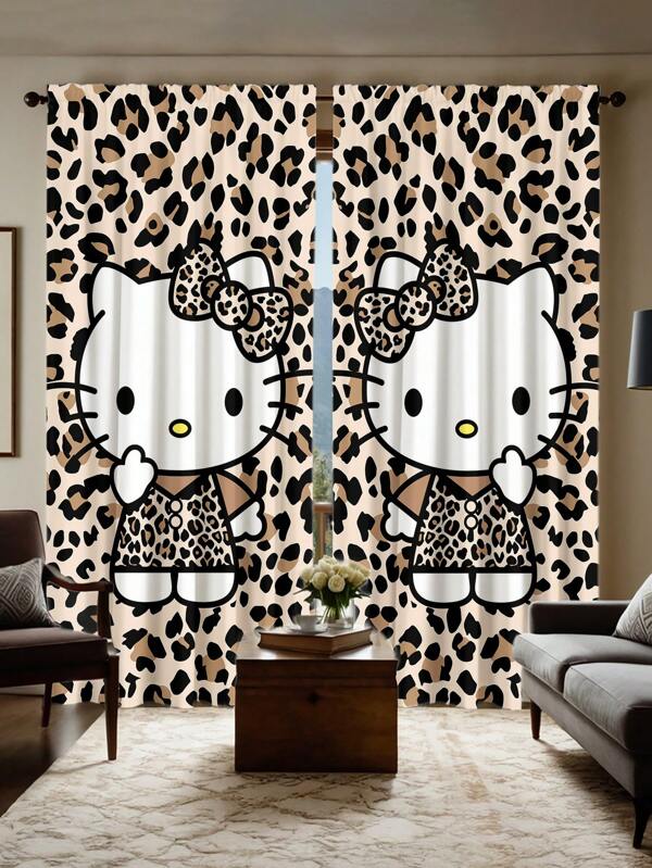 Sanrio 2pcs Hello Kitty Leopard Print Curtains With Elegant Bowknot - Fashionable & Machine Washable, Sheer Panel For Bedroom & Living Room, Polyester Fabric With Rod Pocket