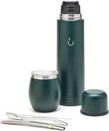 BALIBETOV Set Yerba Mate Completo - Calabaza Mate Moderna, Termo, Bombilla y Cepillo de Limpieza Incluido - Todo Acero Inoxidable 304 18/8 (Negro) - Verde - Ver 13
