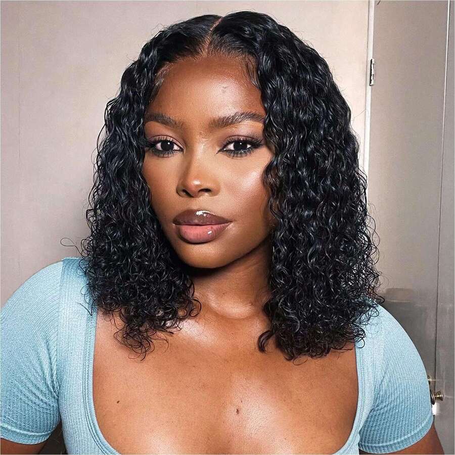 Curly Wigs Human Hair 13x4 HD Deep Wave Lace Front Wigs Human Hair Pre Plucked 12 Inch Bob Wig Human Hair Short Curly Glueless Wigs For Women Natural Hairline 250% Density Bob Wigs - Natural Black - 查看 1