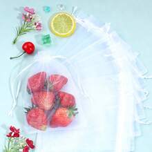 100 piezas Bolsas de malla de nailon blanco, bolsas protectoras de frutas, bolsas de jardín para control de insectos y plagas para fresas, uvas, verduras y plantas, con cordón