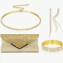 4 Pieces Women Rhinestone Jewelry Set Bling Necklace Earrings Bracelets Set For Wedding Clutch Purses Bag For Women Evening Bag Bling Glitter Elegant V-Shaped Flap Envelope Clutch Bag Wedding Party Bridal Purse