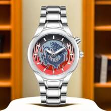1 Stück Modische Herrenuhr - Retro Drachenmuster Zifferblatt, Zinklegierungs-Armband, Zeiger Fließen, exklusives Geschenk für ihn, passend für Männer jeden Alters und verschiedene Anlässe