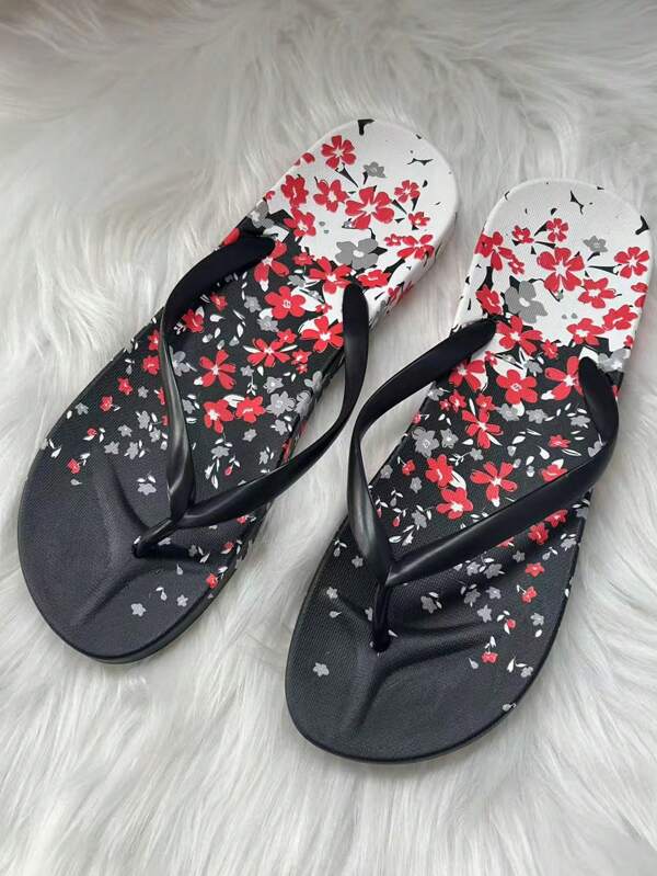 Sandalias de dedo de mujer con suela de PVC y estampado floral diminuto negro, artículo esencial para pareja en la playa, antideslizante, duradero y cómodo, para primavera/verano
