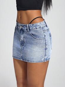 Jeanoix Falda mini de mezclilla lavada de cintura baja sexy para mujeres