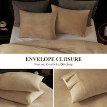 DIvellow Velvet Duvet Cover Queen Set Sage Green Comforter Cover 3Pcs Ultra Soft Cover Breathable Solid Luxury Flannel Velour Duvet Cover Zipper Closure Corner Tie - 卡其色 - 查看 4