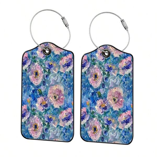 1 conjunto de 2 etiquetas de bagagem com estampa floral estilo Monet, azul e rosa, material PU com compartimento para informações de identidade, etiquetas de bagagem em cores vibrantes, adequadas para bagagem pessoal, mochilas, bolsas ou encomendas, decoração personalizada