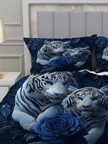 2/3件套羽绒被套床上用品，白虎玫瑰叶图案床罩套装，房间装饰，含1个羽绒被套和2个枕套，特大号床罩，床单，柔软亲肤涤纶，可机洗，干洗。适用于家居和卧室装饰，卧室装饰，房间装饰用品，爱狗人士的最佳礼物