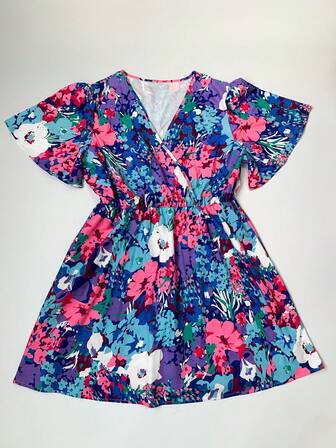 大码女式花卉连衣裙 V 领夏季波西米亚风短袖 A 字裙 - 夏季花卉波西米亚风魅力曲线连衣裙，大码衣橱必备单品，女士夏季连衣裙>大码连衣裙