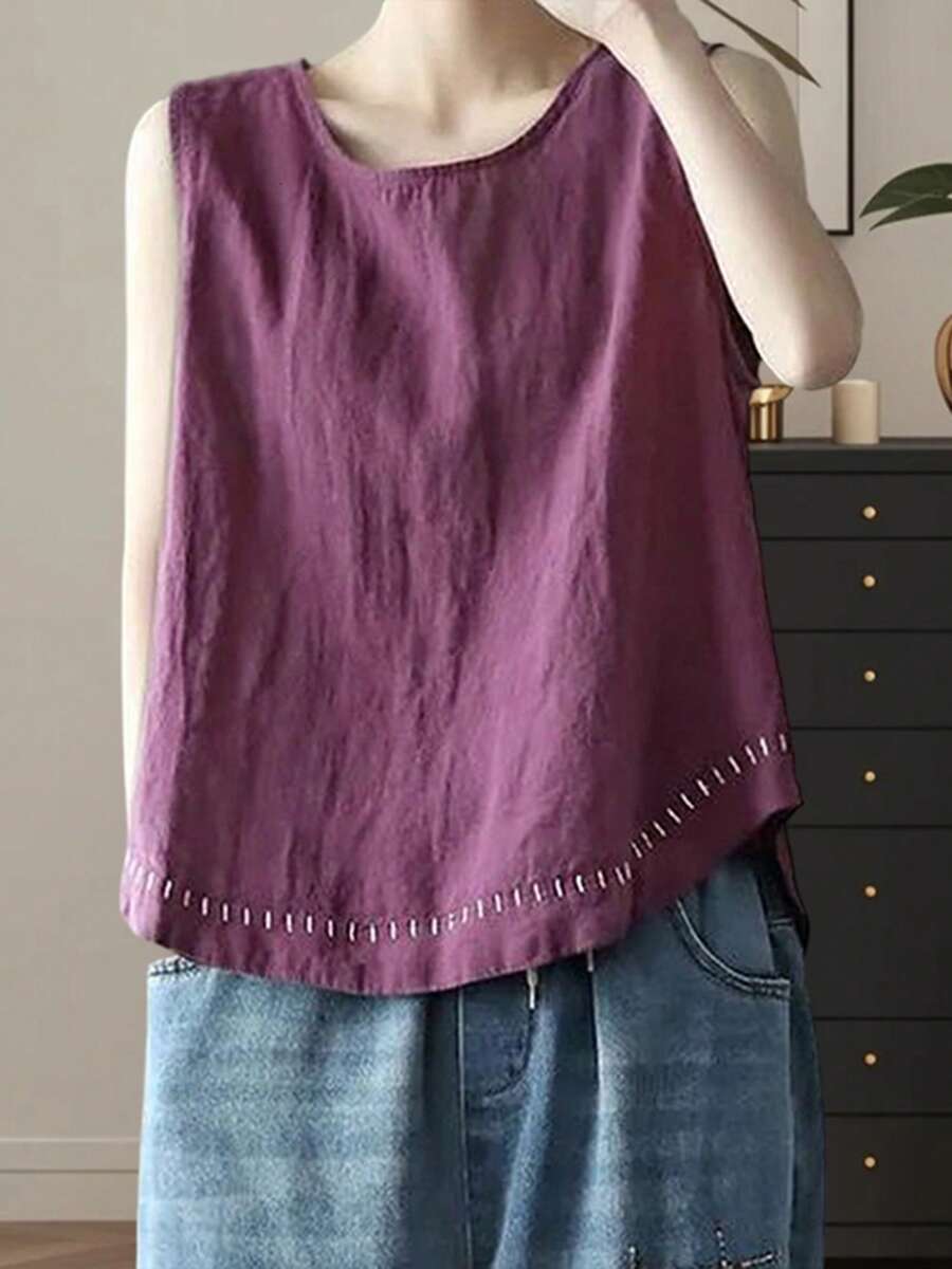 Women's Tank Tops Summer Causal Versatile Solid Color Plus Size Loose Sleeveless Linen Shirt - Purple - View 1