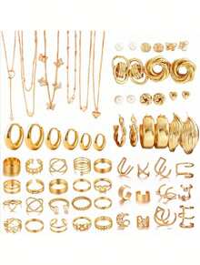 FAXHION 108pcs/64pcs/68pcs/61pcs Elegant Stars,Heart,Butterfly,Flower,Faux Pearl,Bow Earrings,Rings,Necklace,Bracelet,Anklets Jewelry Set For Women's Daily Outfit, Decoration, Dates, Gatherings, Parties Valentines,Gift ﻿ - Vàng - Xem 3