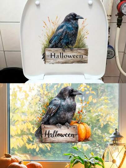 Halloween Crow Wall Decal, Self-Adhesive & Removable, Waterproof Pvc, Cartoon Design For Toilet Sticker, Bathroom Seat Lid Stickers, Windows Clings, Cars, Glass Surfaces, Ideal For Halloween Party Decorations Supplies