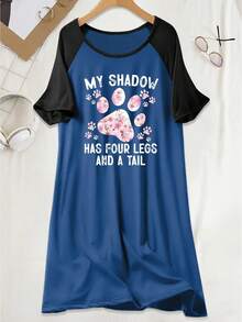 1 件大码女式休闲睡袍，花卉、爪印和字母图案印花短款插肩袖圆领 T 恤睡袍 - 藍色 - 查看 3
